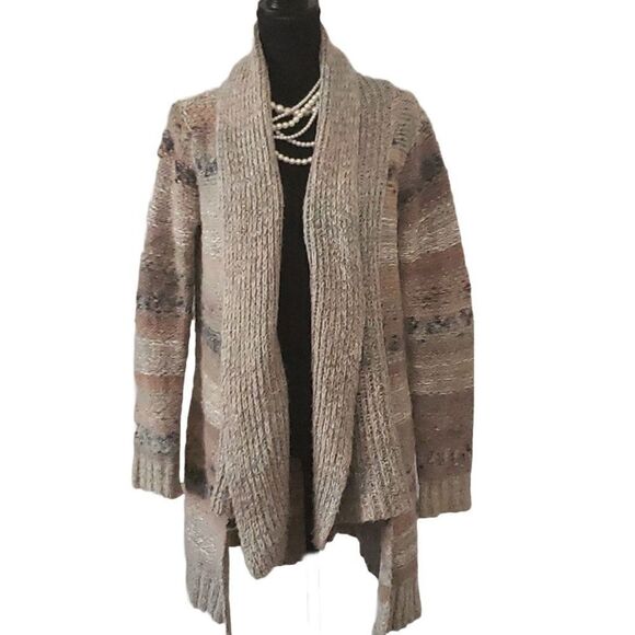Maurice's Boho Earth Tone Stripe Shawl Collar Open Front Cardigan Sweater Size M - Picture 1 of 9